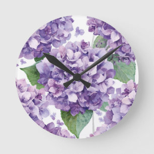 Lila Hortensie Wasserfarbe Floral Lavendelblüte Runde Wanduhr