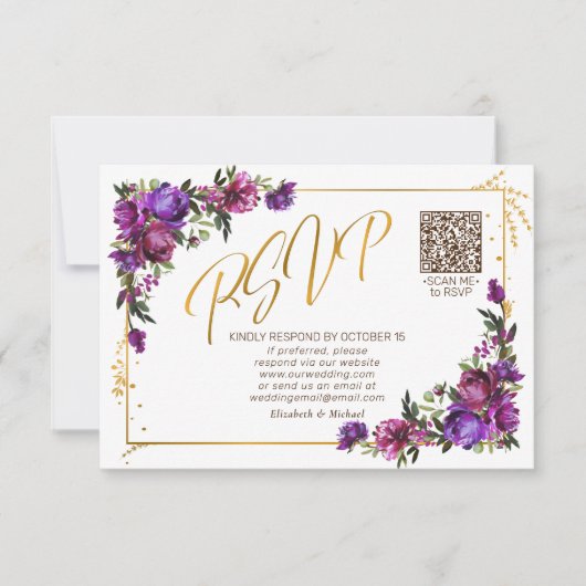 Lila Hot Roink, Floral, Gold Script, QR-Code UAWG RSVP Karte (Vorderseite)