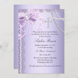 Lila Hübsche Pearl Bow Cross Erste Heilige Kommune Einladung