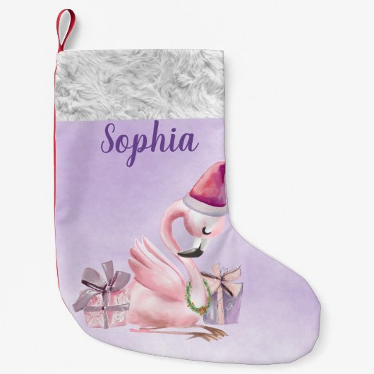Lila Hübscher Personalisierter Flamingo Urlaub Kleiner Weihnachtsstrumpf (Vorderseite)