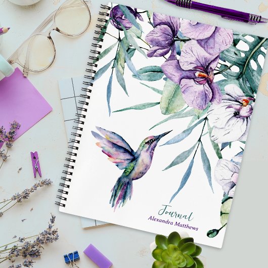 Lila Hummingbird und Personalisiertes Blumenjourna Notizblock