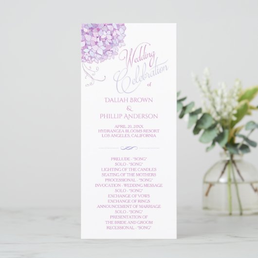 Lila Hydrangea Bouquet Hochzeitsprogramm Programm (Stehend Vorderseite)
