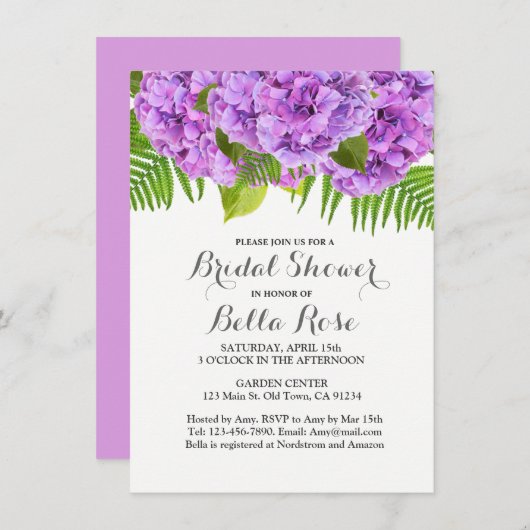 Lila Hydrangea-Brautdusche Einladung (Vorne/Hinten)