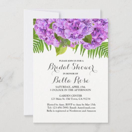 Lila Hydrangea-Brautdusche Einladung (Vorderseite)