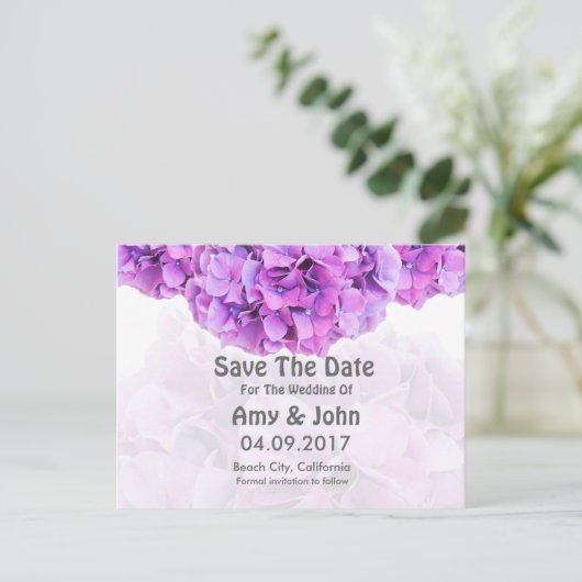Lila Hydrangea Hochzeit speichern das Datum Hydran Ankündigungspostkarte (Stehend Vorderseite)