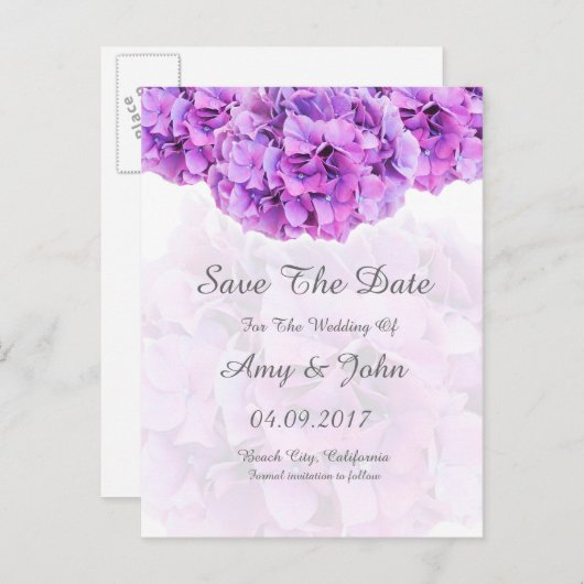 Lila Hydrangea Hochzeit speichern Sie das Datum Ankündigungspostkarte (Vorne/Hinten)