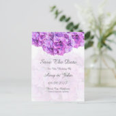Lila Hydrangea Hochzeit speichern Sie das Datum Ankündigungspostkarte (Stehend Vorderseite)