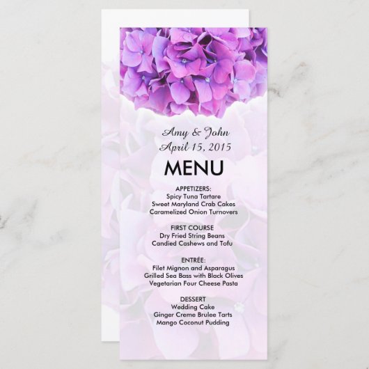 Lila Hydrangea Hochzeitsmenü Hydrangea4 Menükarte (Vorne/Hinten)