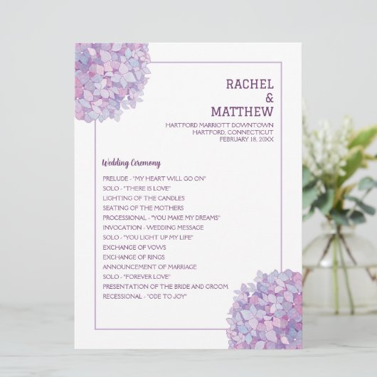 Lila Hydrangea-Hochzeitsprogramm Programm (Stehend Vorderseite)