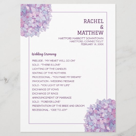 Lila Hydrangea-Hochzeitsprogramm Programm (Vorderseite)