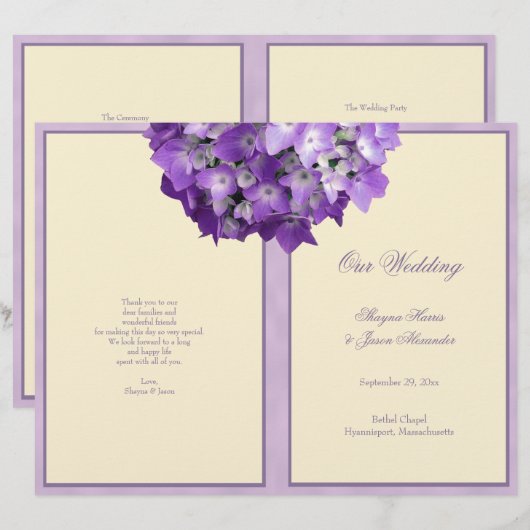 Lila Hydrangea-Hochzeitsprogramm von Weiß (Vorne/Hinten)