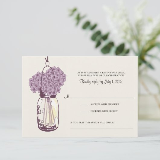Lila Hydrangea & Mason Jar Wedding RSVP (Stehend Vorderseite)