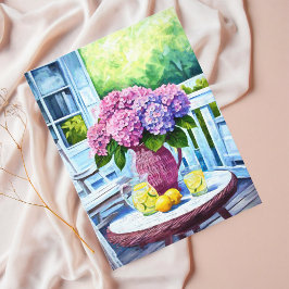 Lila Hydrangea mit Lemonade auf Wicker Porch Postkarte