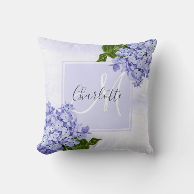 Lila Hydrangea-Monogramm-Kissen Kissen (Vorderseite)