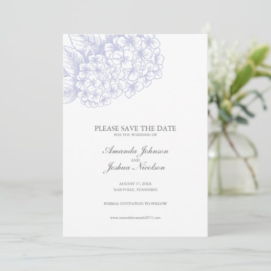 Lila Hydrangea Save the Date (Stehend Vorderseite)