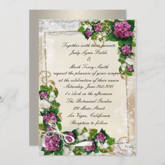 Lila Hydrangea und Spitzen-Einladung Einladung (Vorne/Hinten)