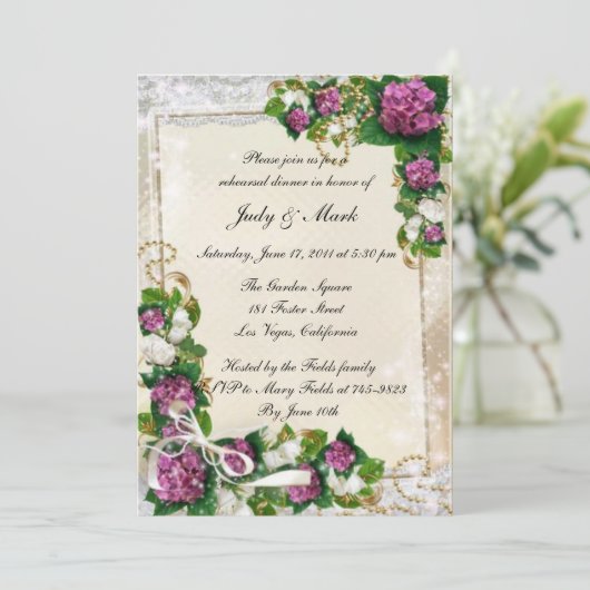 Lila Hydrangea- und Spitzen-Probe-Dinner einladen Einladung (Stehend Vorderseite)