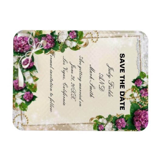 Lila Hydrangea und Spitzen speichern das Datumsfen Magnet (Horizontal)