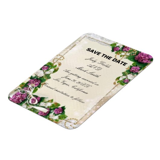 Lila Hydrangea und Spitzen speichern das Datumsfen Magnet (Linke Seite)