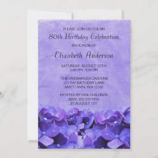 Lila Hydrangeas 80. Geburtstagsparty Einladungen