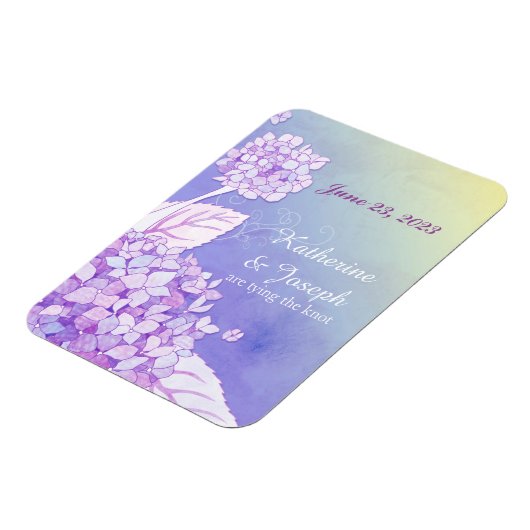 Lila Hydrangeas BlumenWedding retten das Datum Magnet (Linke Seite)