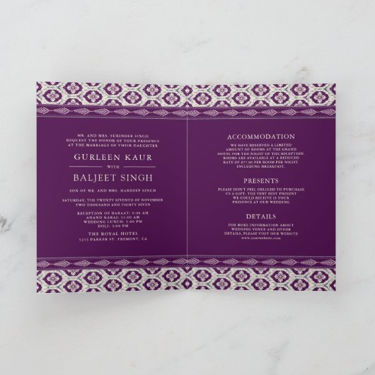 Lila Ikat All in One Anand Karaj Sikh Wedding Einladung (Innenseite)