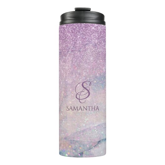Lila Imitat-Glitzer und marmorn Monogramm 2 Thermosbecher (Vorderseite)
