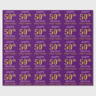 Lila, Imitat-Gold "GLÜCKLICHER 50. GEBURTSTAG " Geschenkpapier