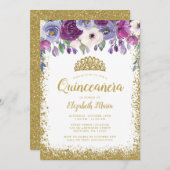 Lila Imitate der Blumenwelt Gold Glitzer Tiara Qui Einladung (Vorne/Hinten)