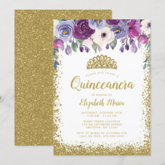 Lila Imitate der Blumenwelt Gold Glitzer Tiara Qui Einladung