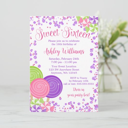 Lila Imitate Glitzer Candy Thema Sweet 16 Einladung (Stehend Vorderseite)
