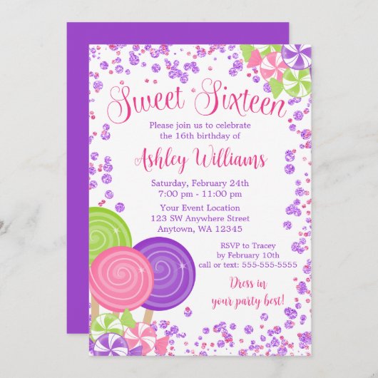 Lila Imitate Glitzer Candy Thema Sweet 16 Einladung (Vorne/Hinten)