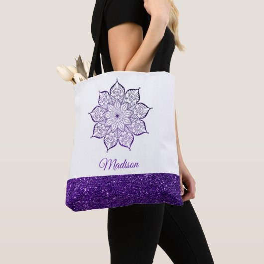 Lila Imitate Glitzer Mandala auf Weiß Tasche (Von Nahem)
