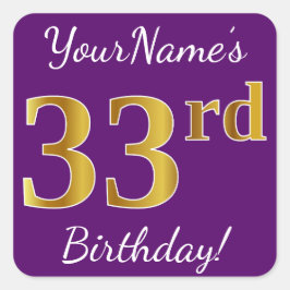 Lila, Imitate Gold 33. Geburtstag + Individuelle N Quadratischer Aufkleber