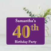 Lila, Imitate Gold 40. Geburtstag Party; Individue Einladung (Stehend Vorderseite)
