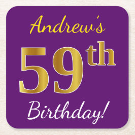 Lila, Imitate Gold 59. Geburtstag + Individuelle N Rechteckiger Pappuntersetzer