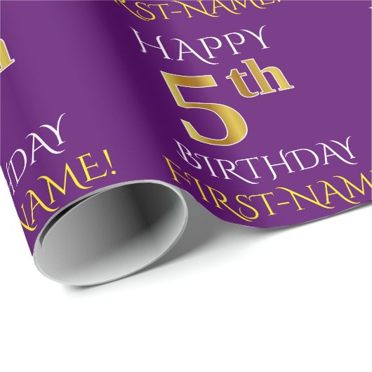 Lila, Imitate Gold "HAPPY 5th GEBTHDAY" Geschenkpapier (Rolleneckpunkt)
