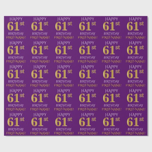Lila, Imitate Gold "HAPPY 61. BIRTHDAY" Geschenkpapier (Flach)