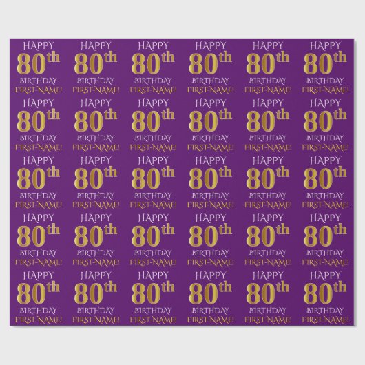 Lila, Imitate Gold "HAPPY 80. BIRTHDAY" Geschenkpapier (Flach)