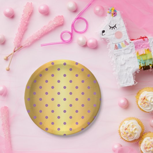 lila Imitate Goldpolka-Punkte Pappteller (Party)