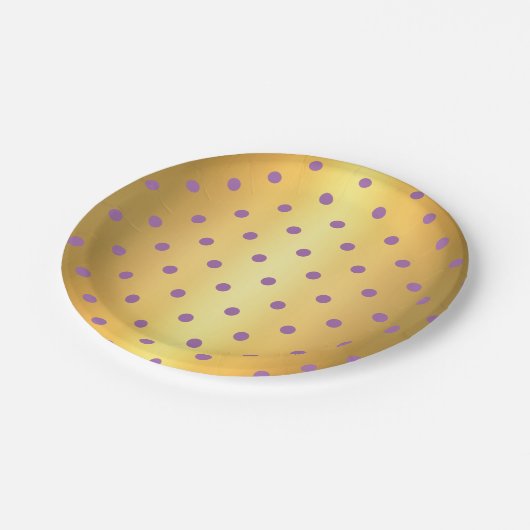 lila Imitate Goldpolka-Punkte Pappteller (Schrägansicht)