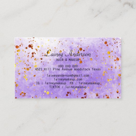 Lila Imitate mit Aquarell, Goldfolie Glitzer Visitenkarte (Rückseite)