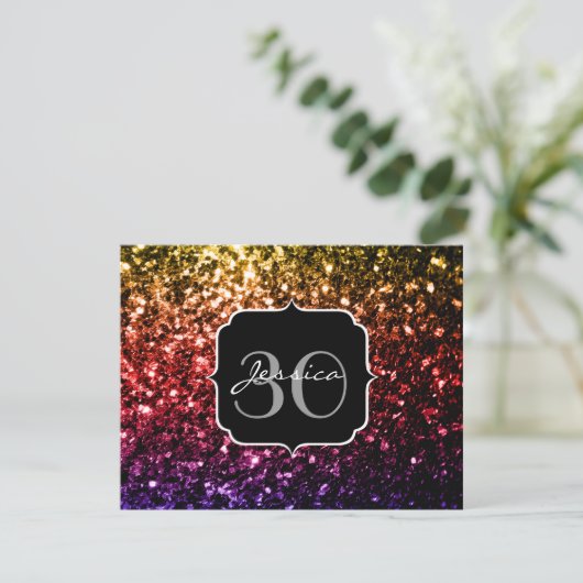 Lila Imitate mit Regenbogengelb, Glitzern mit Mono Einladung (Stehend Vorderseite)