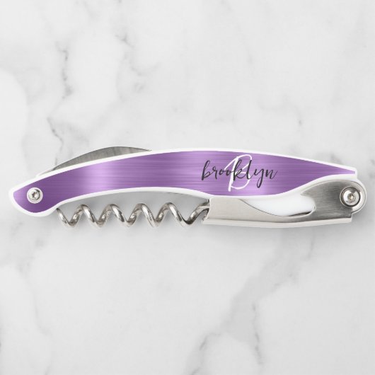 Lila Imitate Pinselmetall-Monogramm-Skripte Kellnermesser (Rückseite)