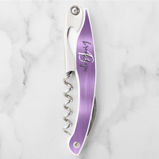 Lila Imitate Pinselmetall-Monogramm-Skripte Kellnermesser (Vorderseite)