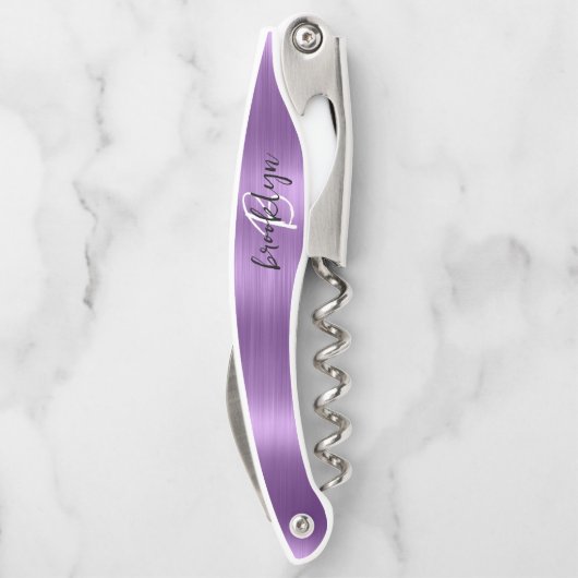 Lila Imitate Pinselmetall-Monogramm-Skripte Kellnermesser (Rückseite)