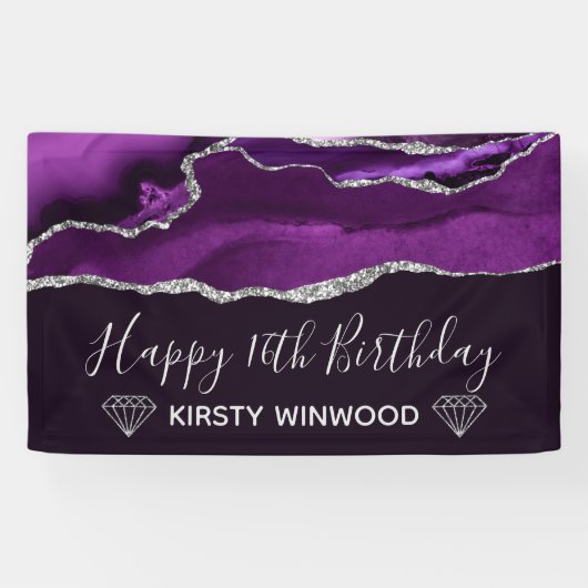Lila & Imitate Silver Glitzer Agate Sweet 16 Banner (Horizontal)