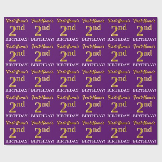 Lila, Imitation Gold Look "2. BIRTHDAY" Geschenkpapier (Flach)