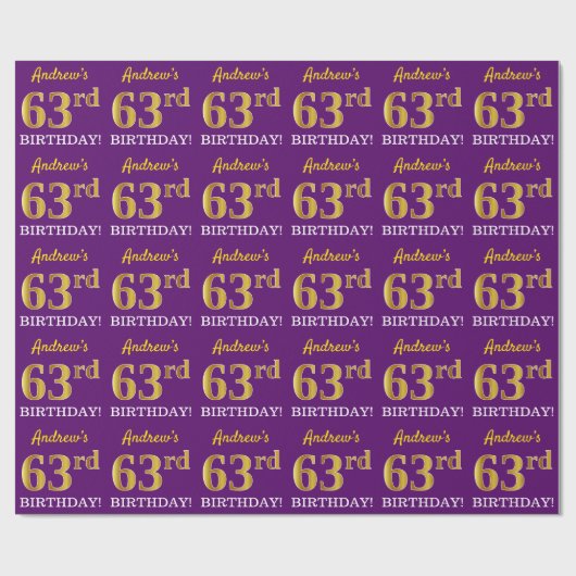 Lila, Imitation Gold Look "63. BIRTHDAY" Geschenkpapier (Flach)