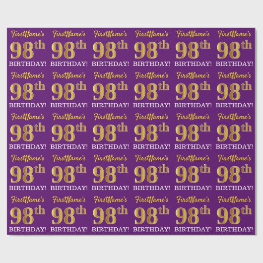 Lila, Imitation Gold Look "98. BIRTHDAY" Geschenkpapier (Flach)